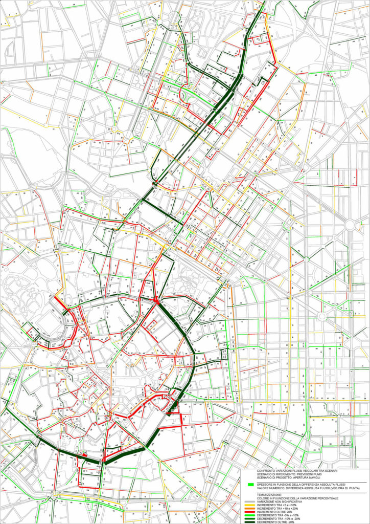 Aumento e diminuzione dei flussi a Navigli riaperti, rispetto al non intervento.