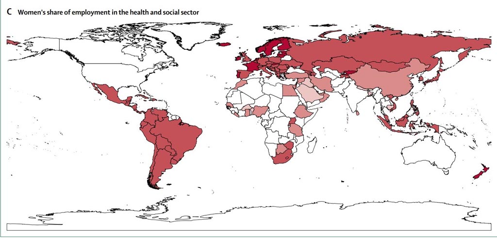 donne come % della forza lavoro nel settore sanitario-sociale, 2019. The Lancet